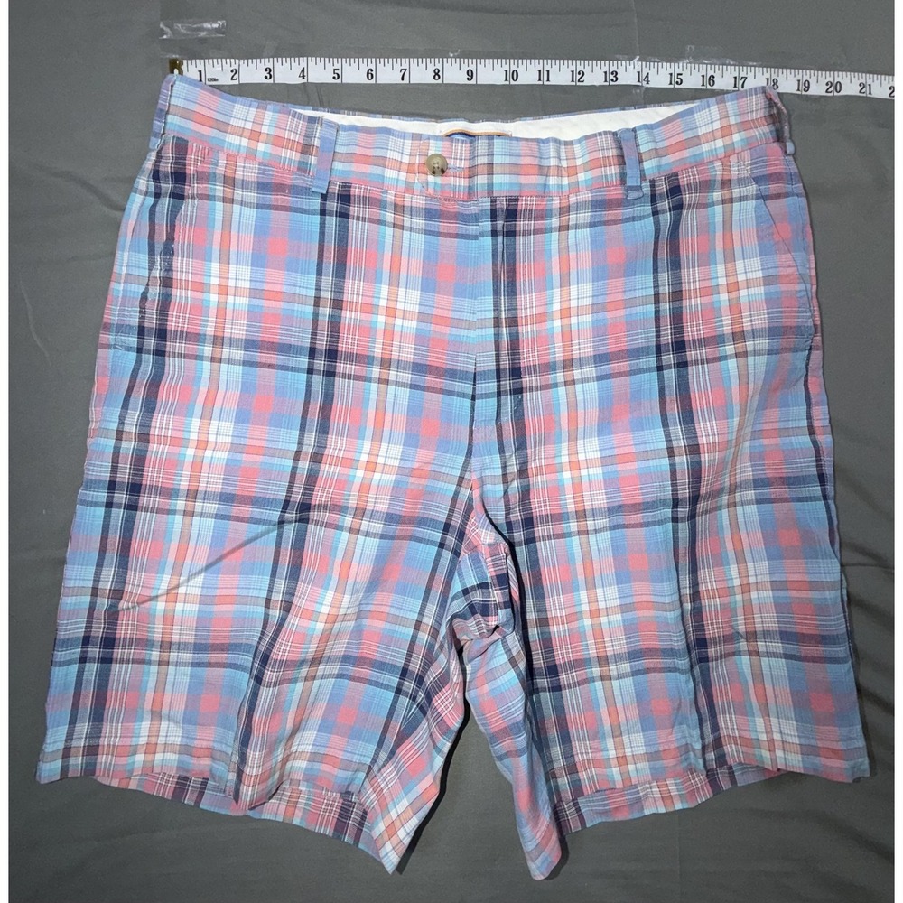Peter Millar Shorts Mens 36 Pink Blue Plaid Seaside Linen Silk Chino 10 Inseam